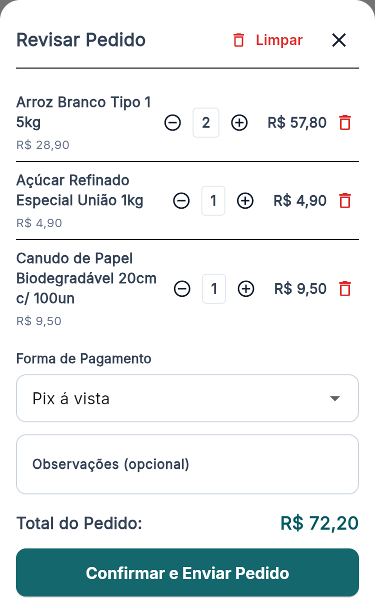 Tela de revisão do carrinho no app do PDV